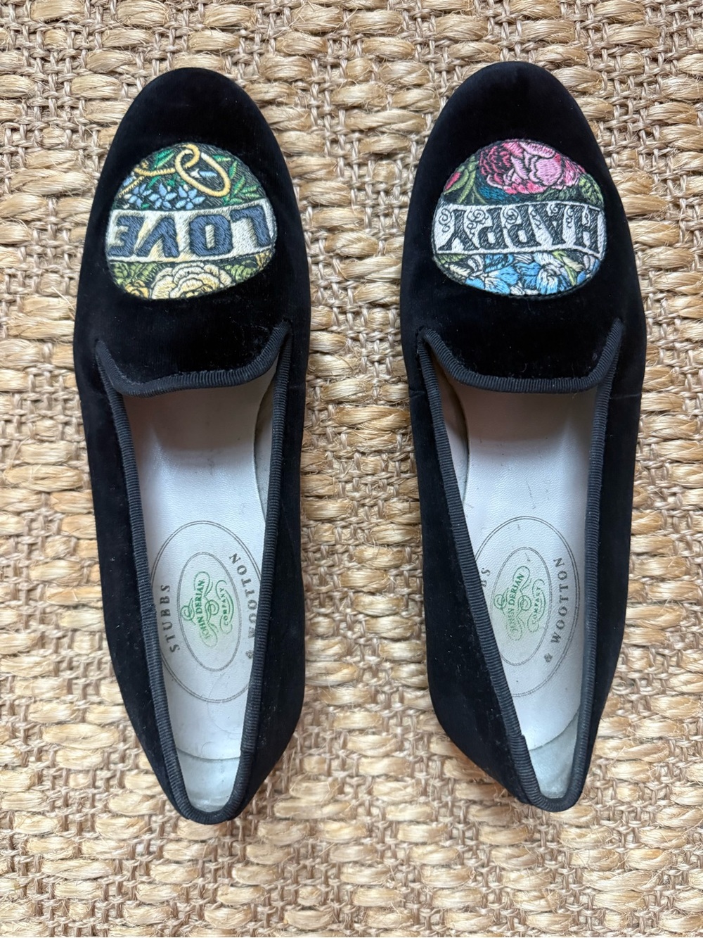 Stubbs & Wootton Black Velvet 'Love/Happy' Loafers
